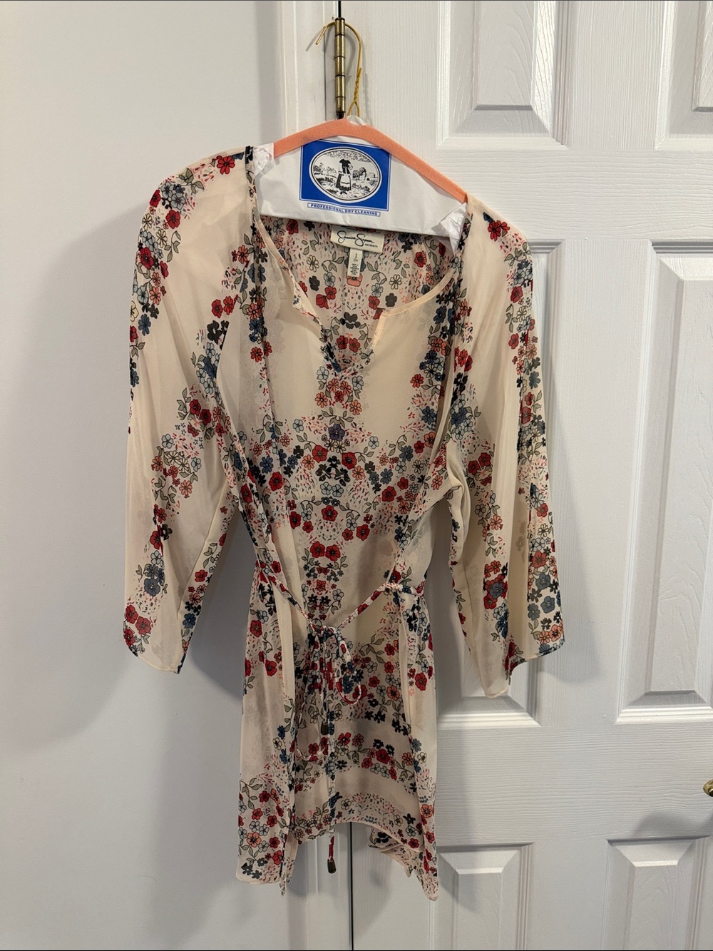 Jessica Simpson Cream Floral Tie-Waist Blouse